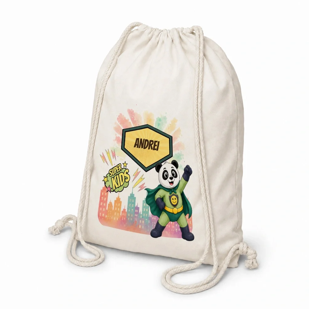 Rucsac textil personalizat pentru copii Panda cel Poznaș - Super Kids