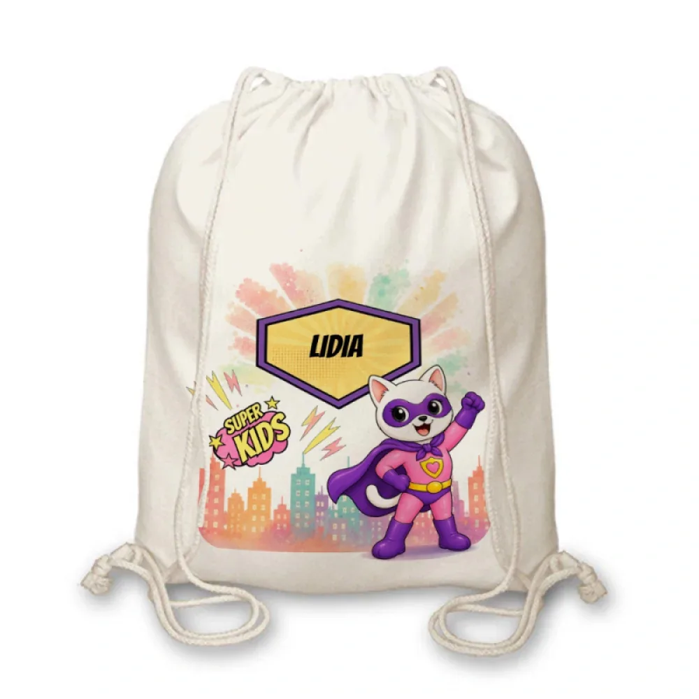 Rucsac textil personalizat pentru copii Pisicuța Inimoasă -  Super Kids