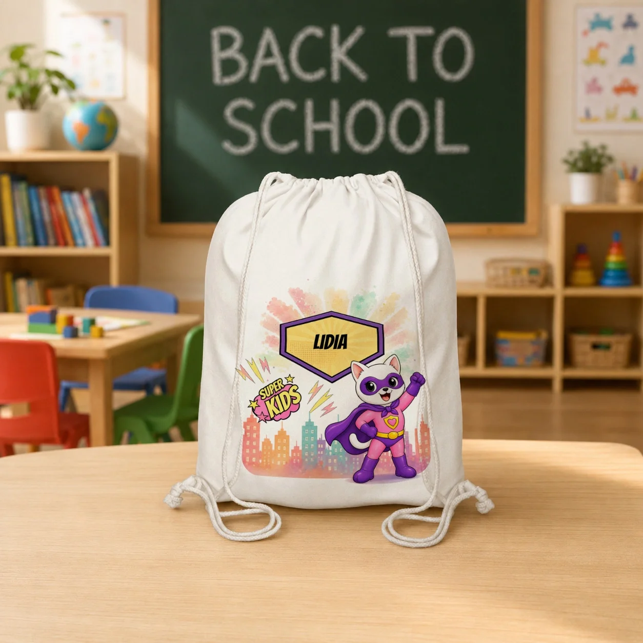 Rucsac textil personalizat pentru copii Pisicuța Inimoasă -  Super Kids