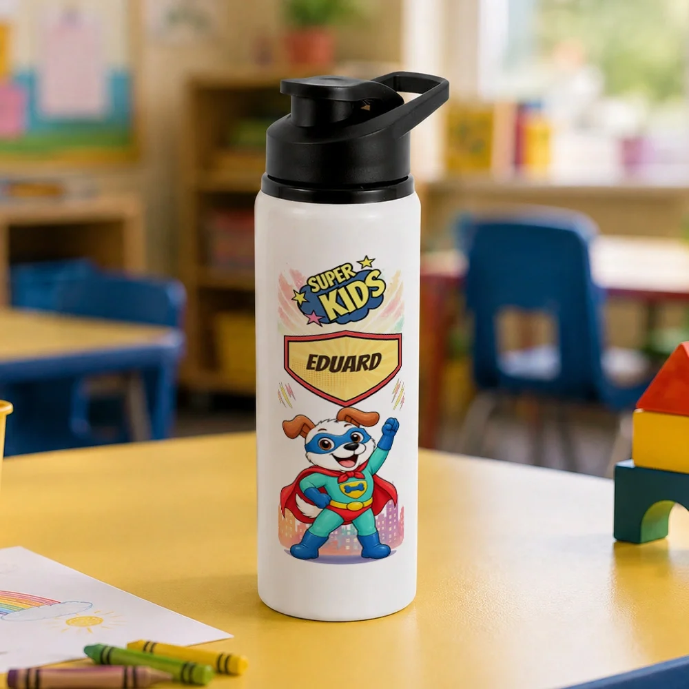 Bidon metalic personalizat pentru copii Cățelul cel Curios - Super Kids