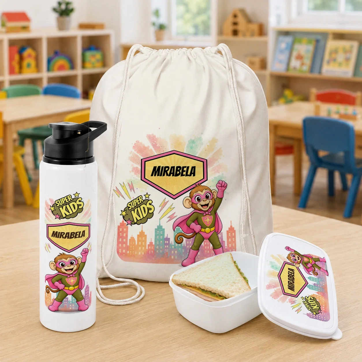 Set personalizat pentru copii Maimuța Aventurieră - Super Kids