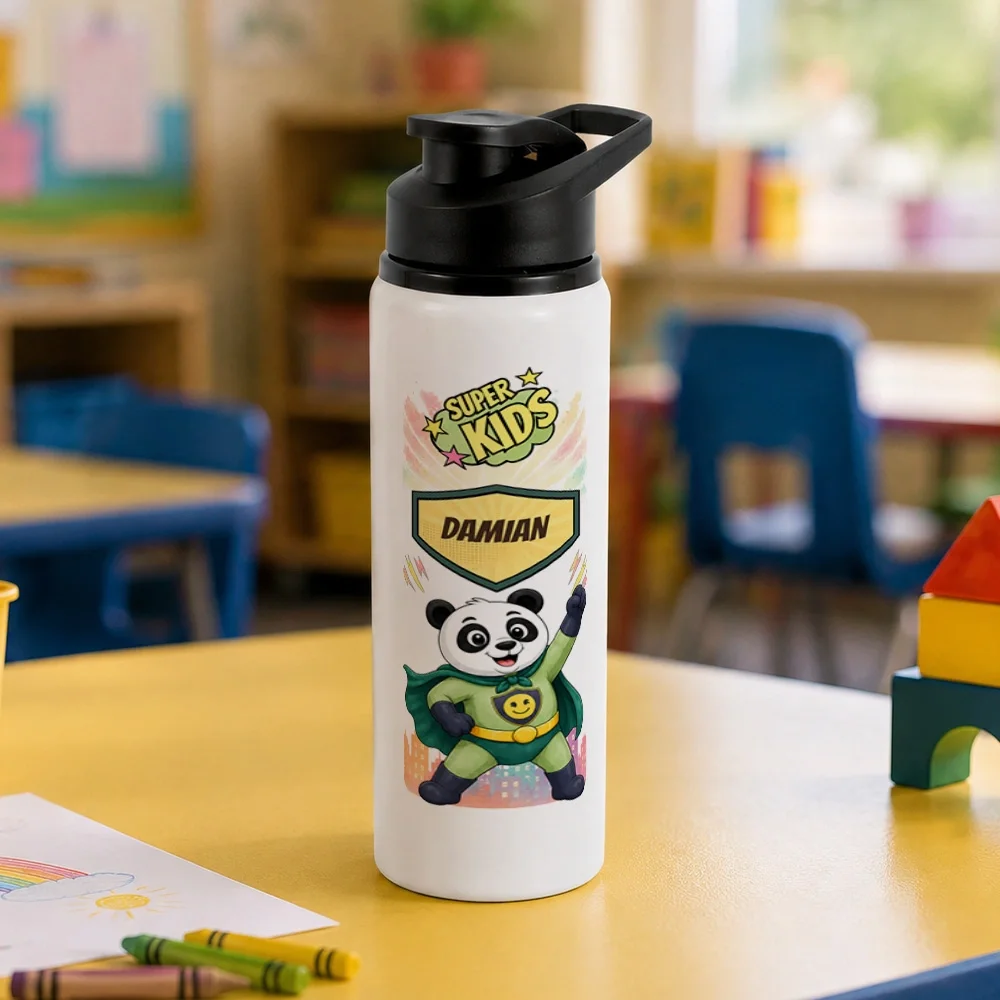 Bidon metalic personalizat pentru copii Panda cel Poznaș - Super Kids