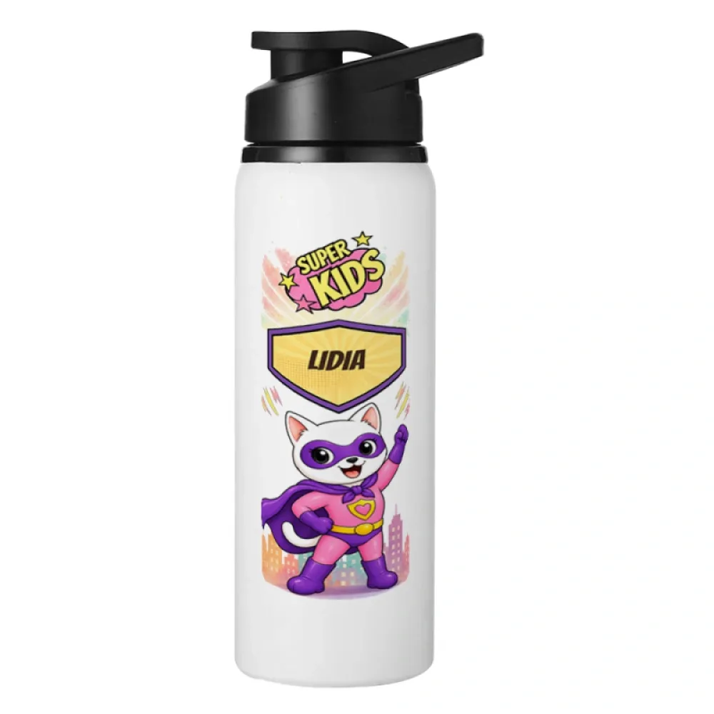 Bidon metalic personalizat pentru copii Pisicuța Inimoasă - Super Kids