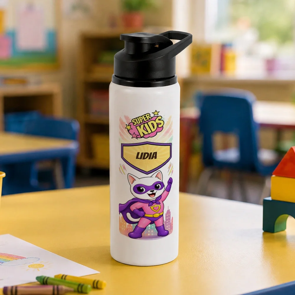 Bidon metalic personalizat pentru copii Pisicuța Inimoasă - Super Kids