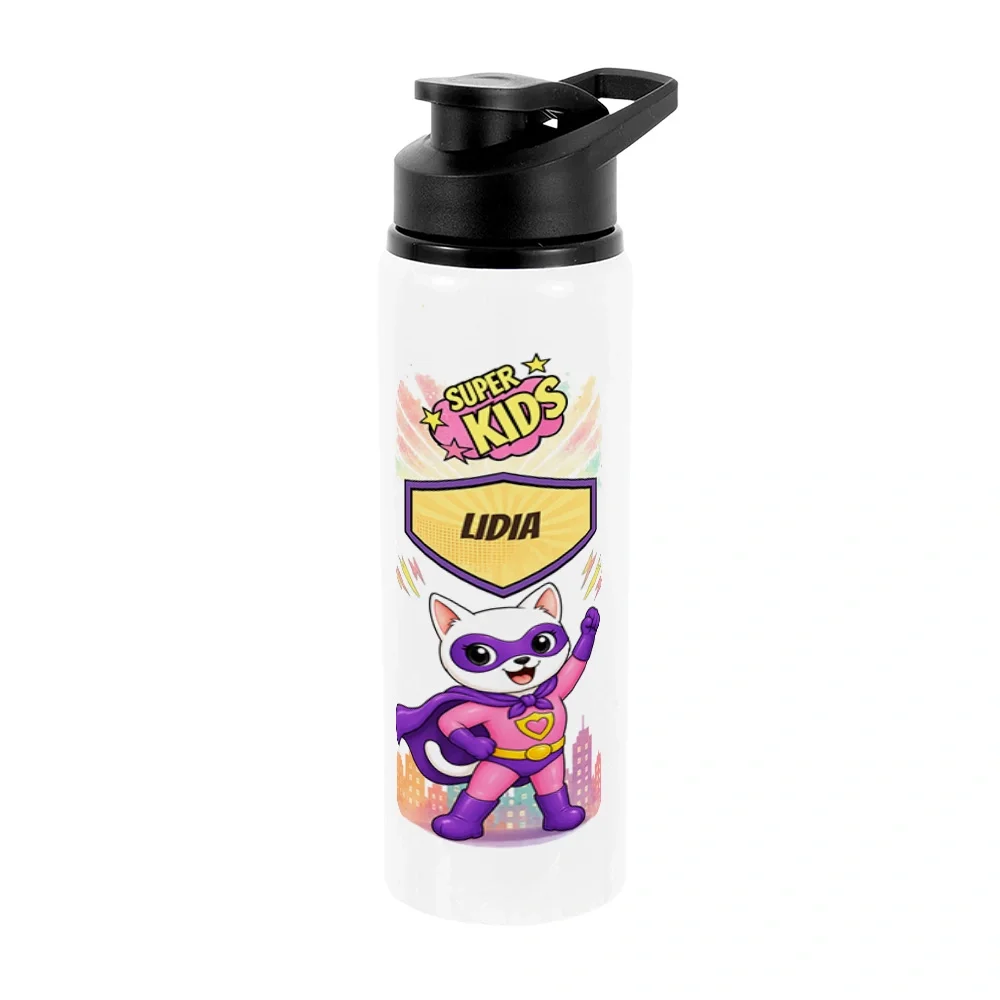 Bidon metalic personalizat pentru copii Pisicuța Inimoasă - Super Kids