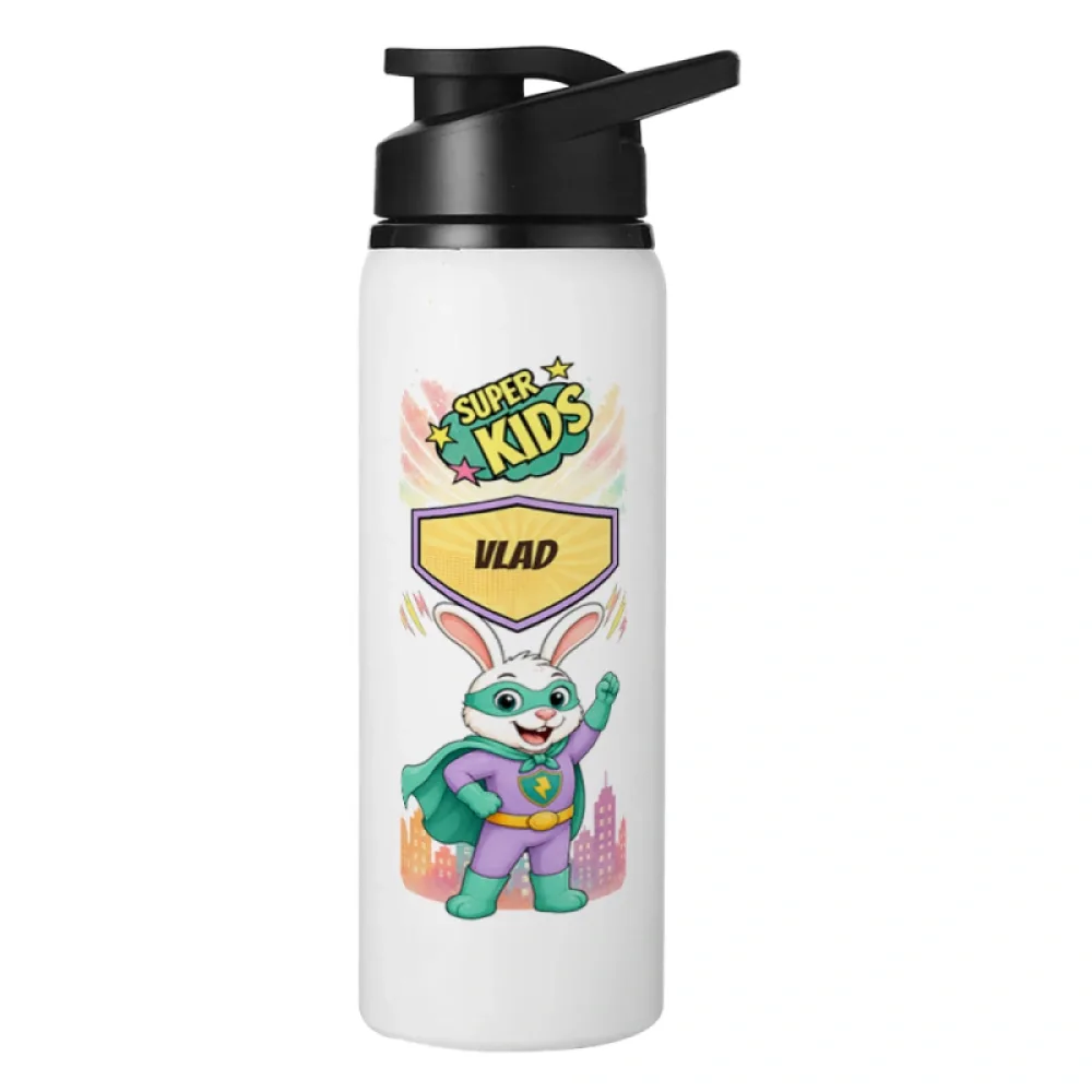 Bidon metalic personalizat pentru copii Iepurașul cel Rapid - Super Kids