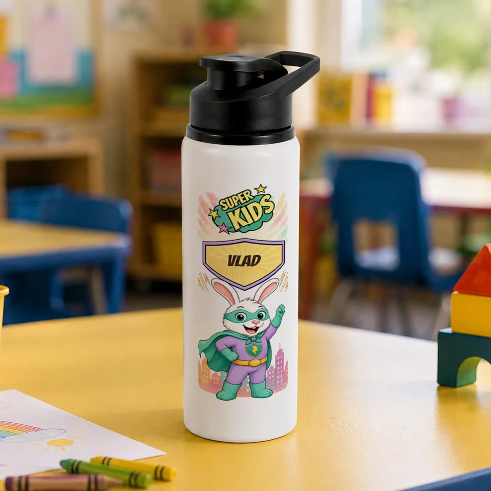 Bidon metalic personalizat pentru copii Iepurașul cel Rapid - Super Kids