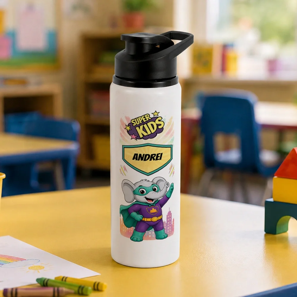 Bidon metalic personalizat pentru copii Elefănțelul cel Puternic - Super Kids