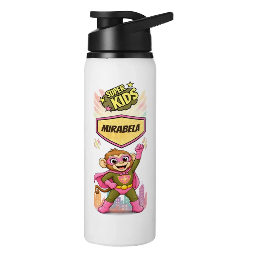 Bidon metalic personalizat pentru copii Maimuța Aventurieră - Super Kids