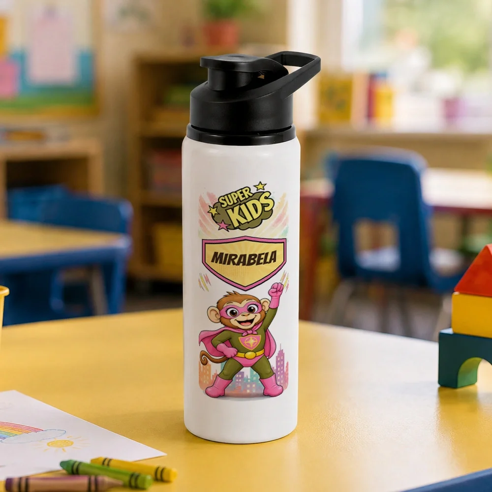 Bidon metalic personalizat pentru copii Maimuța Aventurieră - Super Kids