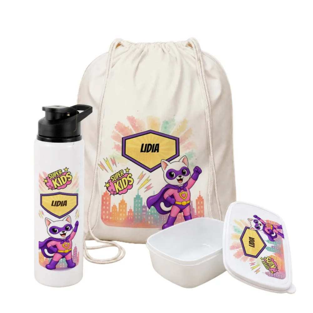 Set personalizat pentru copii Pisicuța Inimoasă - Super Kids