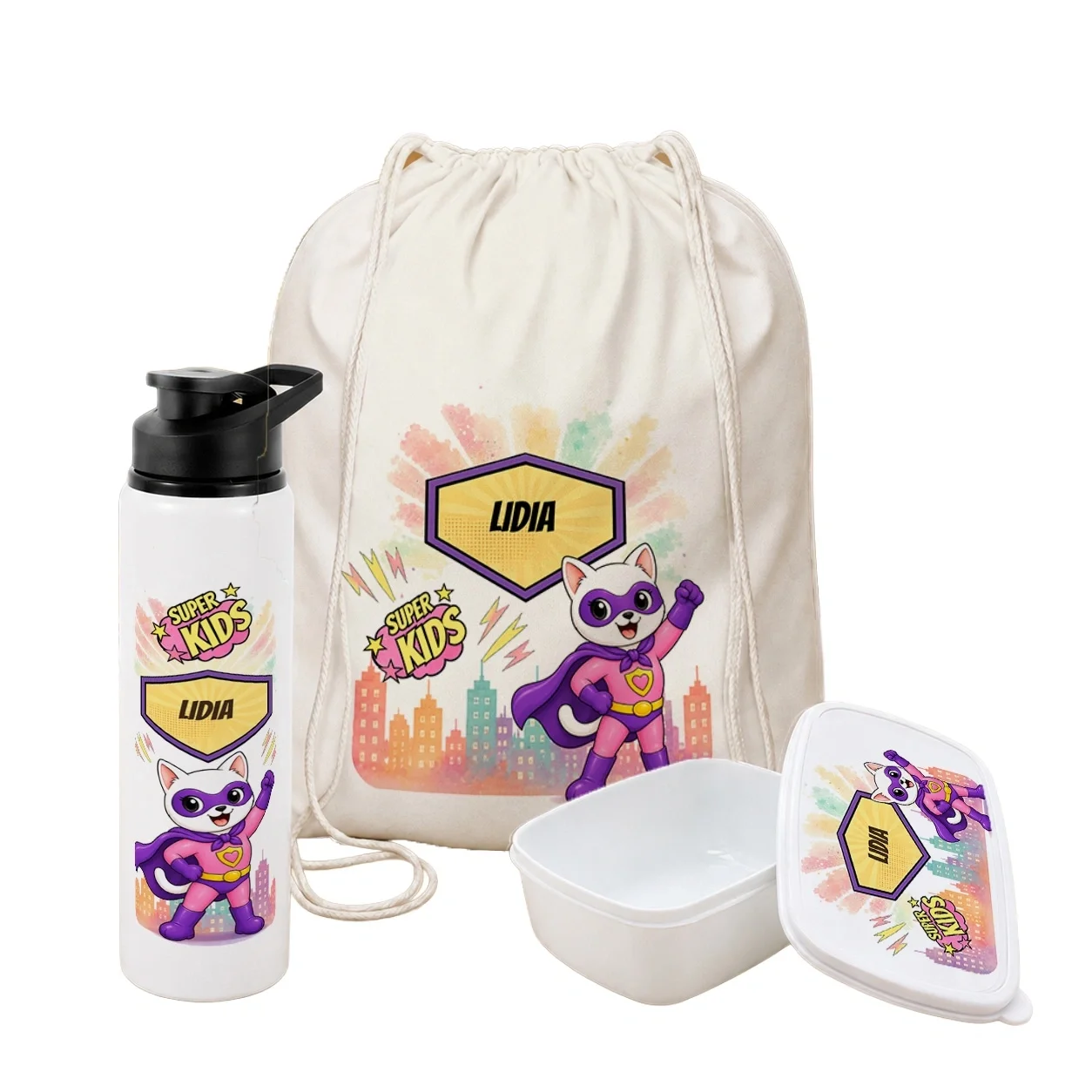 Set personalizat pentru copii Pisicuța Inimoasă - Super Kids