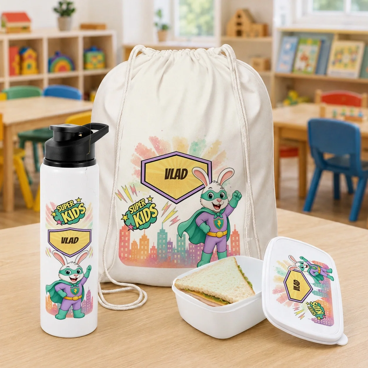 Set personalizat pentru copii Iepurașul cel Rapid - Super Kids