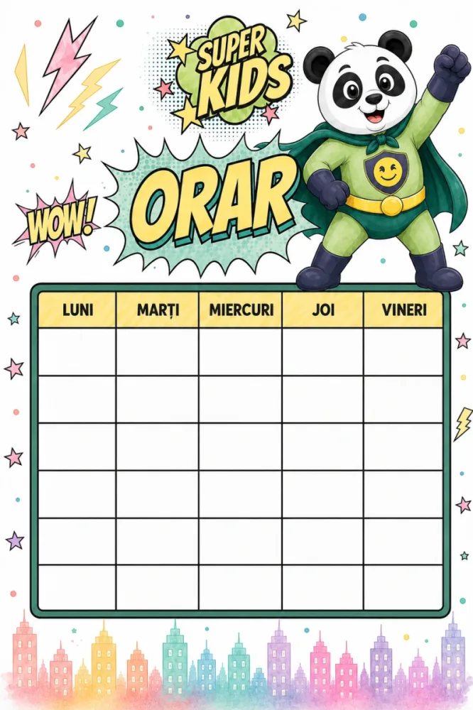 Set 3 orare școlare A5 personalizate pentru copii Panda cel Poznaș - Super Kids