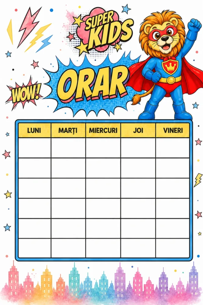 Set 3 orare școlare A5 personalizate pentru copii Leul Neînfricat - Super Kids