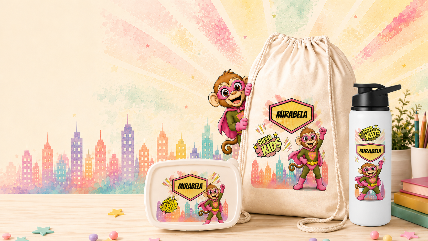 Rucsac, cutie pentru prânz și sticlă personalizate cu personajul Super Kids pentru începutul școlii