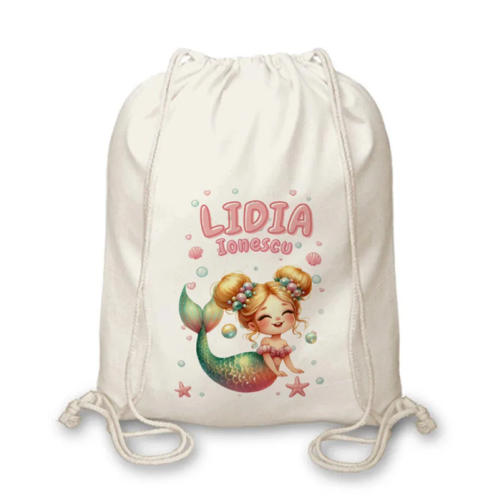 Rucsac textil personalizat pentru copii Sirena Coralie - Colecția Sirene