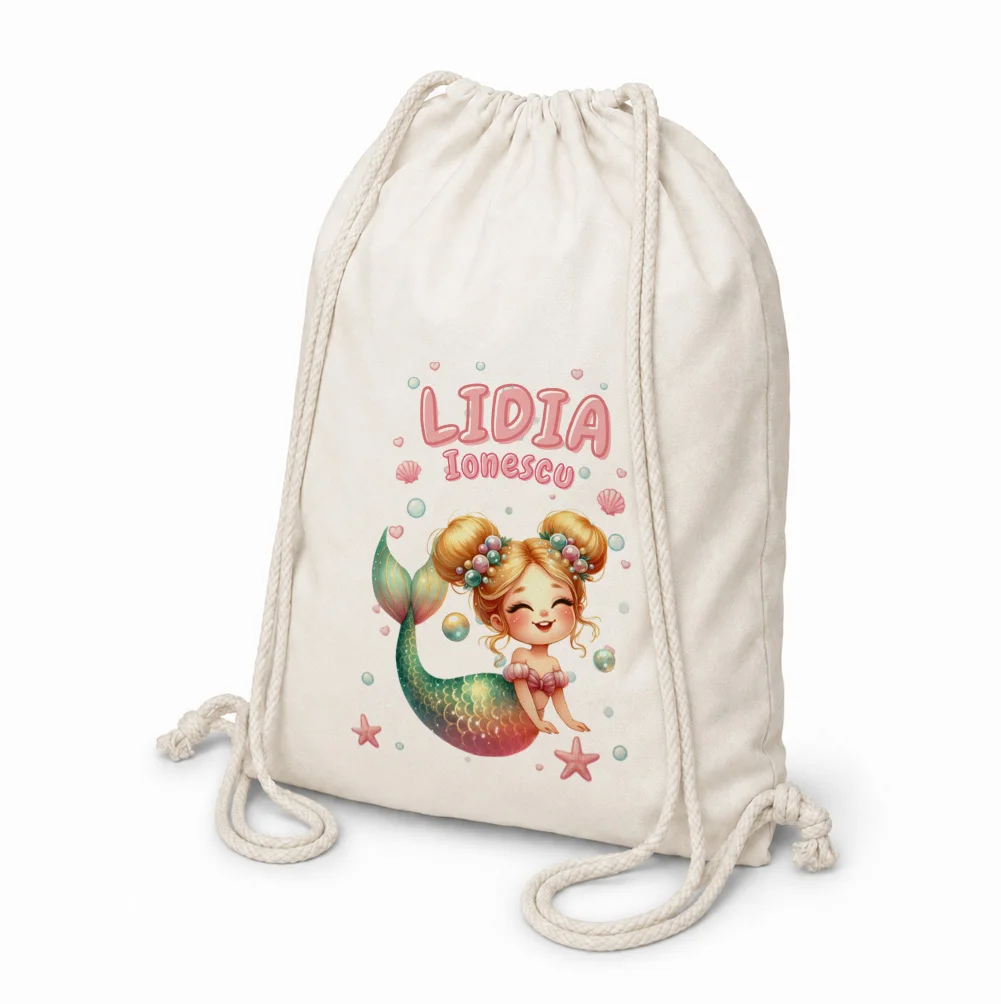 Rucsac textil personalizat pentru copii Sirena Coralie - Colecția Sirene