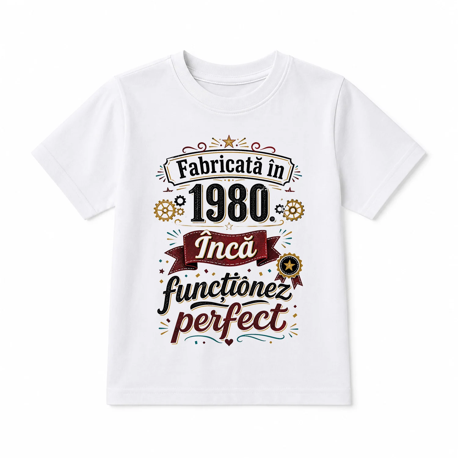 Tricou aniversar pentru femei cu mesaj amuzant „Fabricată în 1980, încă funcționez perfect”