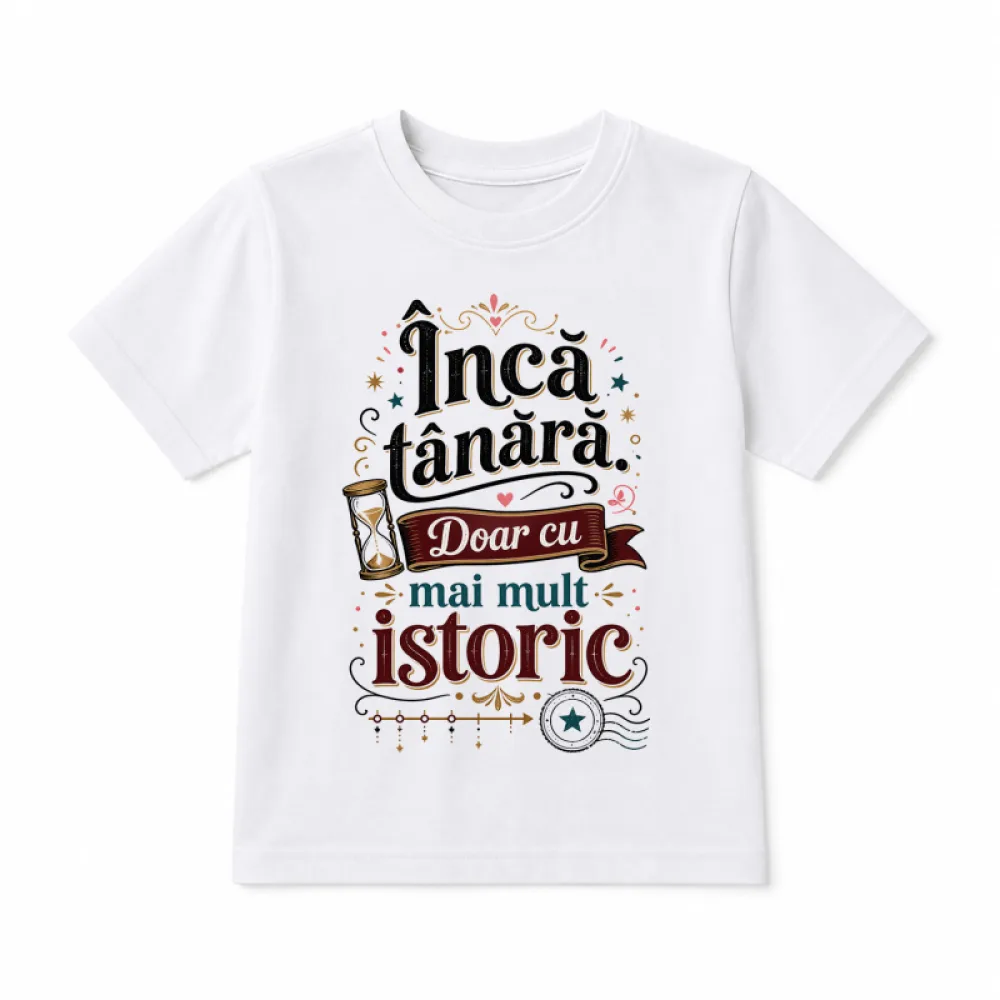 Tricou aniversar unisex cu mesaj amuzant „Încă tânăr(ă), doar cu mai mult istoric”