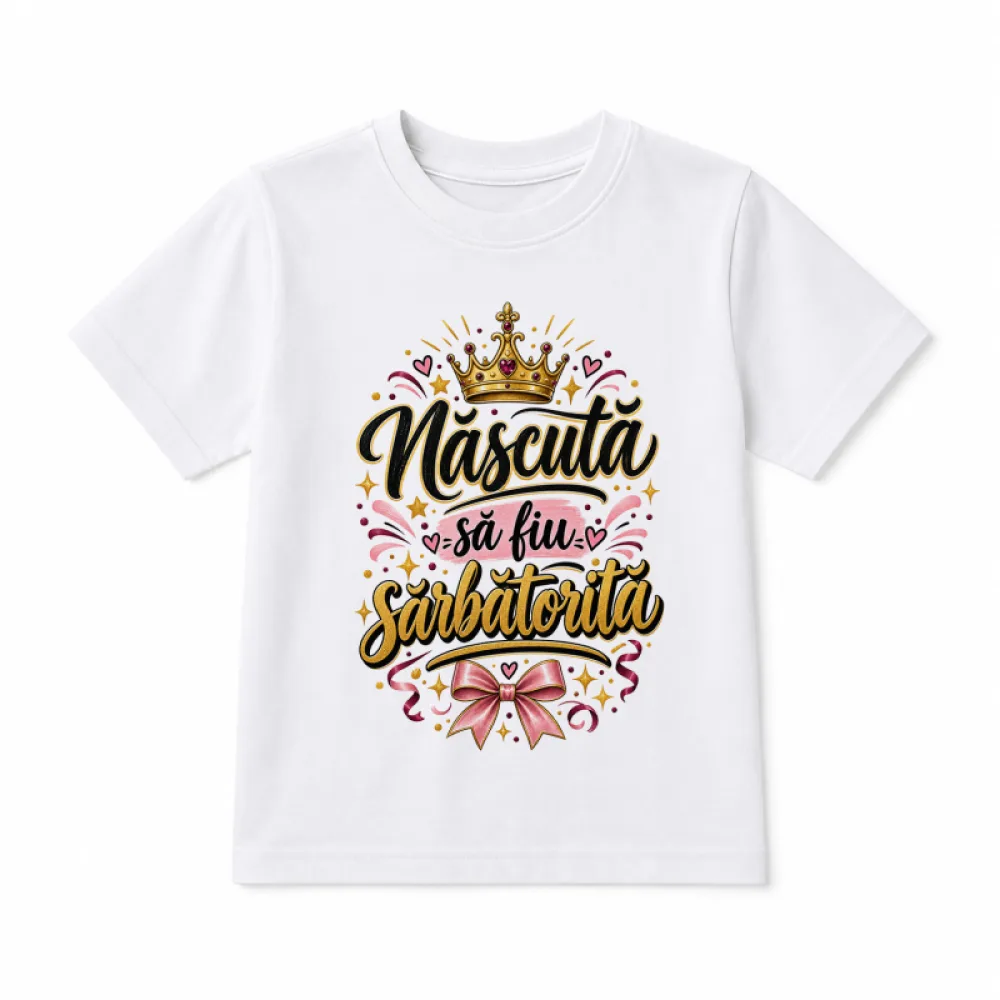 Tricou aniversar pentru femei cu mesaj amuzant „Născută să fiu sărbătorită”