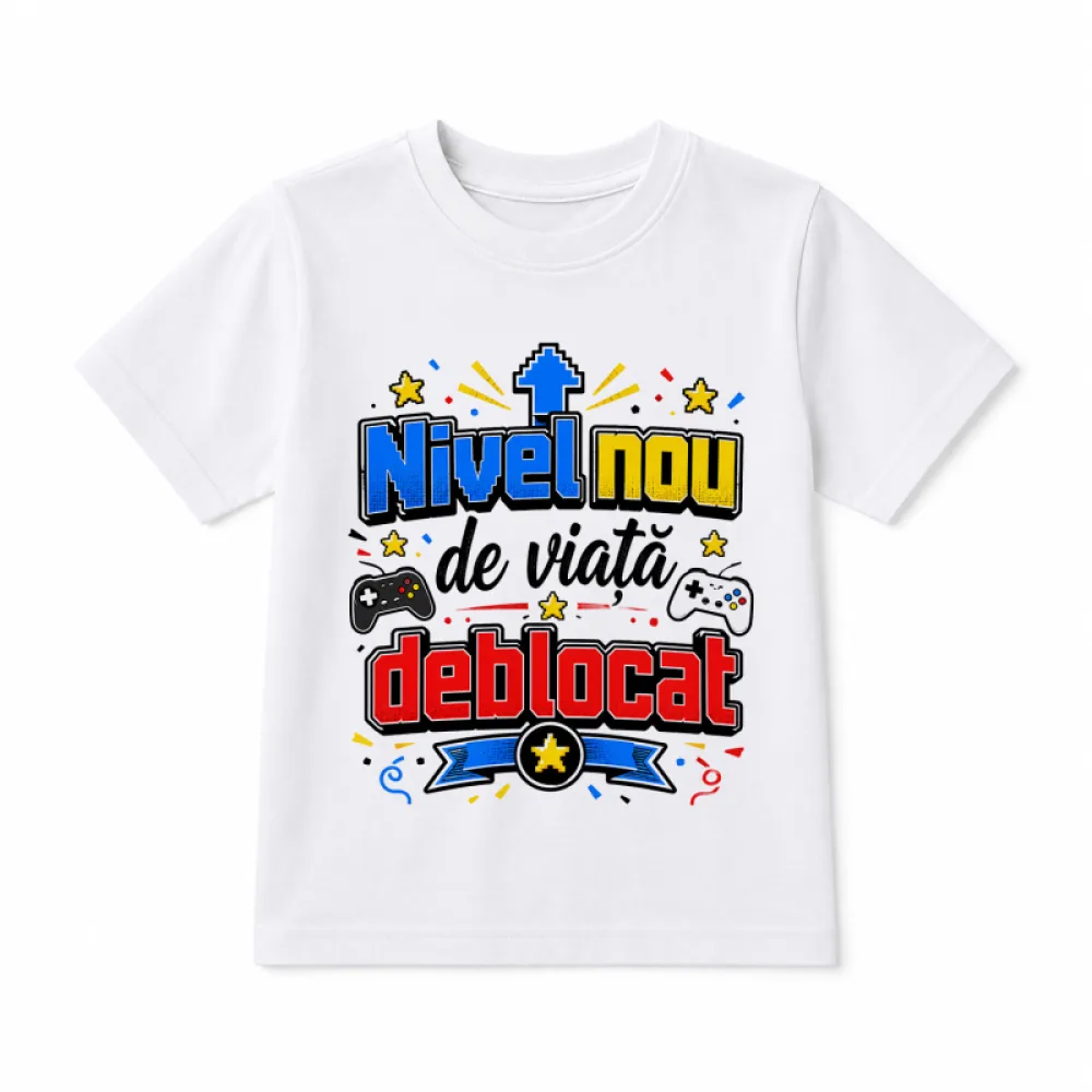 Tricou aniversar unisex cu mesaj amuzant „Nivel nou de viață deblocat”