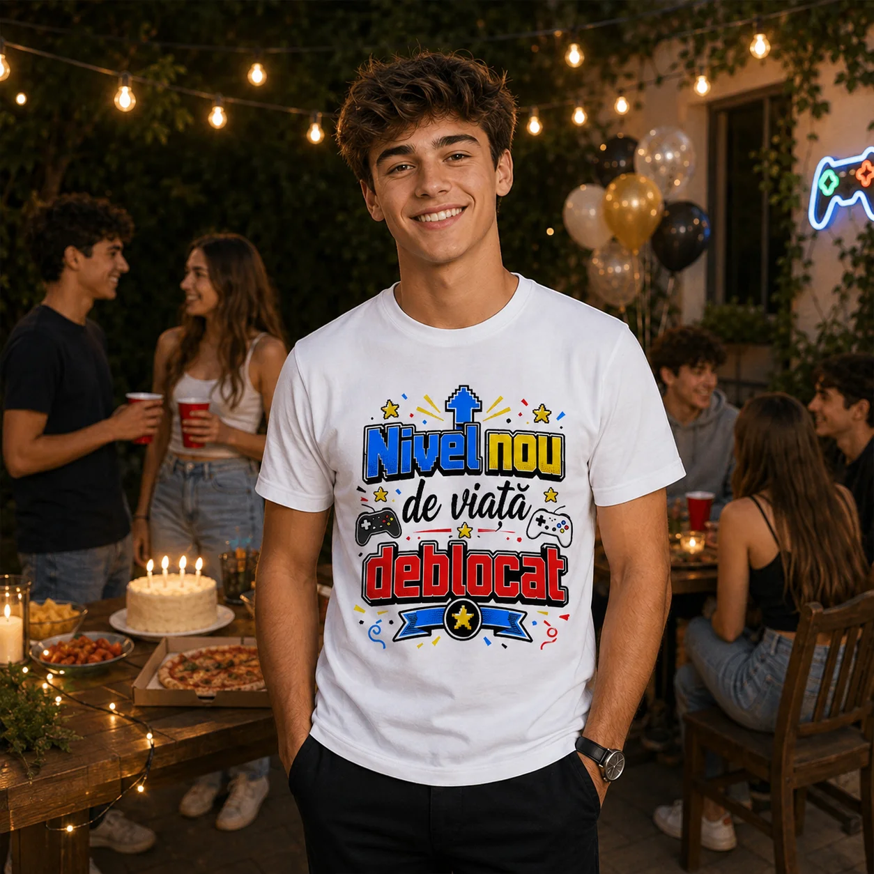 Tricou aniversar unisex cu mesaj amuzant „Nivel nou de viață deblocat”
