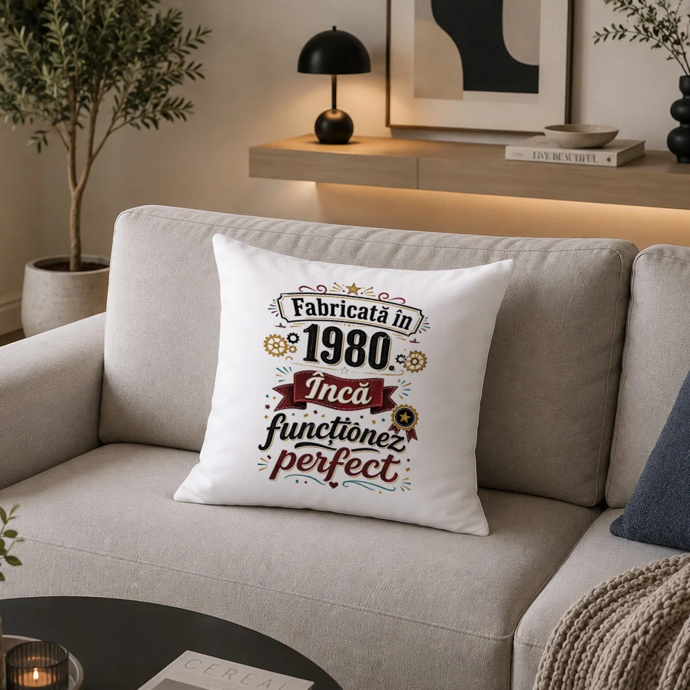 Husă de pernă aniversară 40x40 cu mesaj „Fabricată în 1980, încă funcționez perfect”