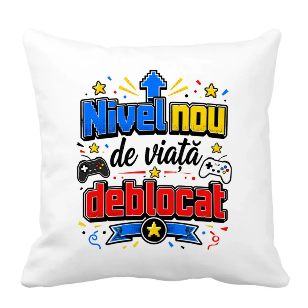 Husă de pernă aniversară 40x40 cu mesaj „Nivel nou de viață deblocat”