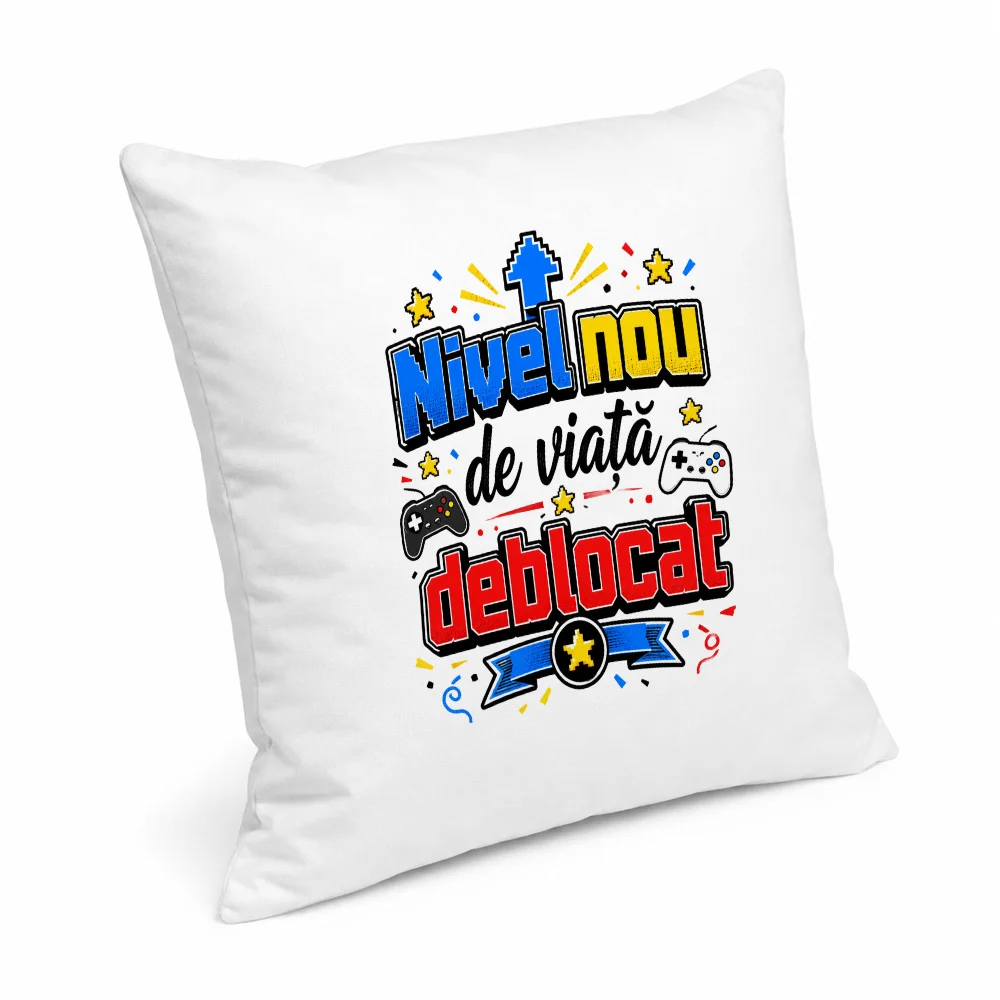 Husă de pernă aniversară 40x40 cu mesaj „Nivel nou de viață deblocat”