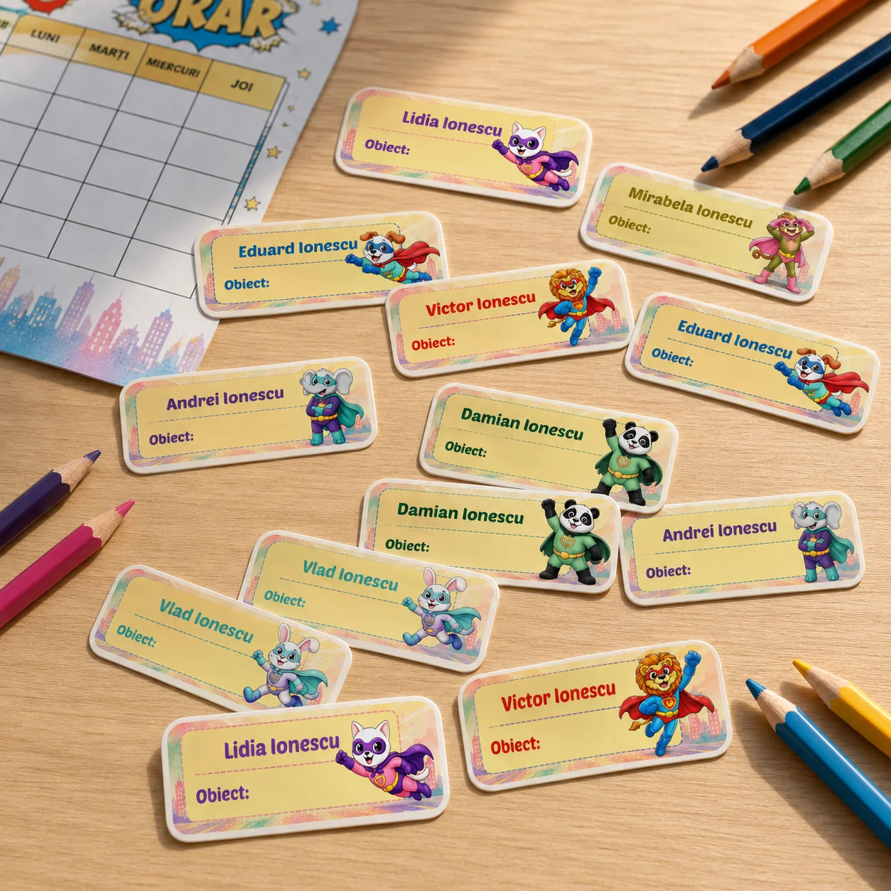 Stickere (etichete autoadezive) personalizate pentru școală – Maimuța Aventurieră – Super Kids
