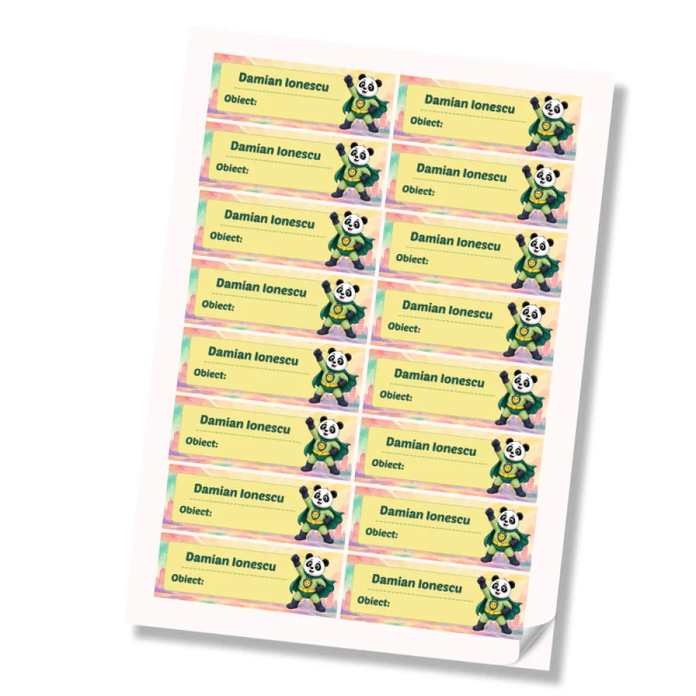 Stickere (etichete autoadezive) personalizate pentru școală – Panda cel Poznaș – Super Kids