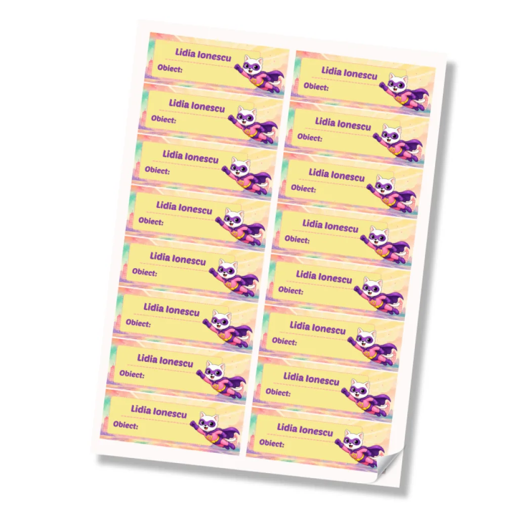 Stickere (etichete autoadezive) personalizate pentru școală – Pisicuța Inimoasă – Super Kids