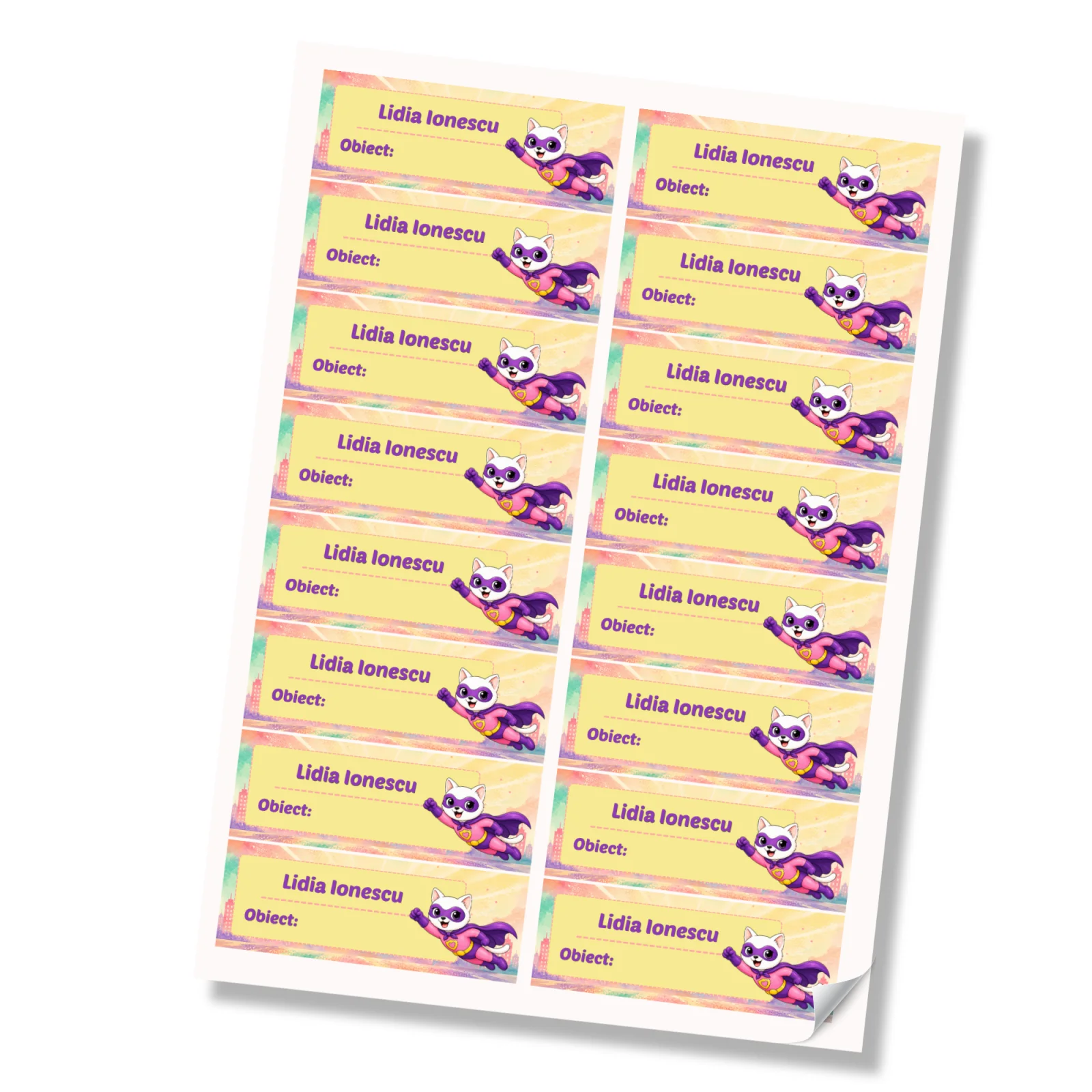Stickere (etichete autoadezive) personalizate pentru școală – Pisicuța Inimoasă – Super Kids