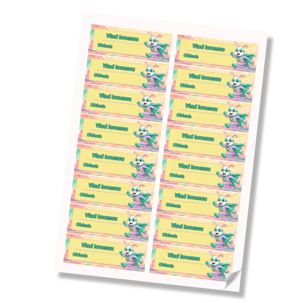 Stickere (etichete autoadezive) personalizate pentru școală – Iepurașul cel Rapid – Super Kids