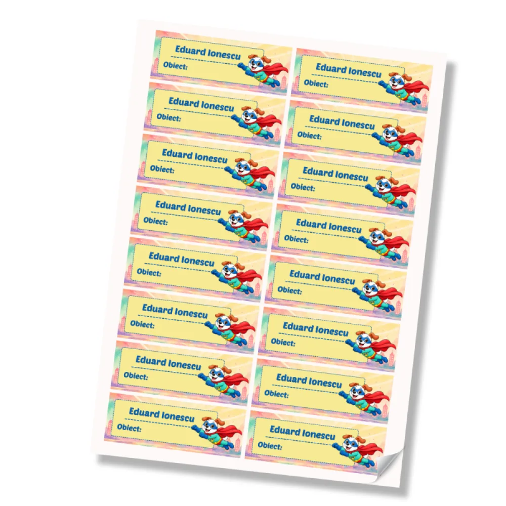 Stickere (etichete autoadezive) personalizate pentru școală – Cățelul cel Curios – Super Kids
