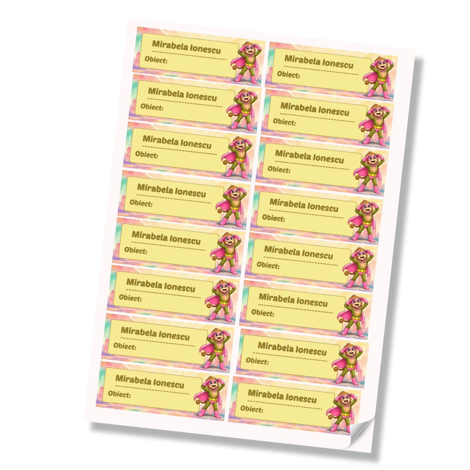 Stickere (etichete autoadezive) personalizate pentru școală – Maimuța Aventurieră – Super Kids