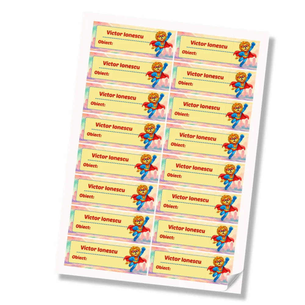 Stickere (etichete autoadezive) personalizate pentru școală – Leul Neînfricat – Super Kids