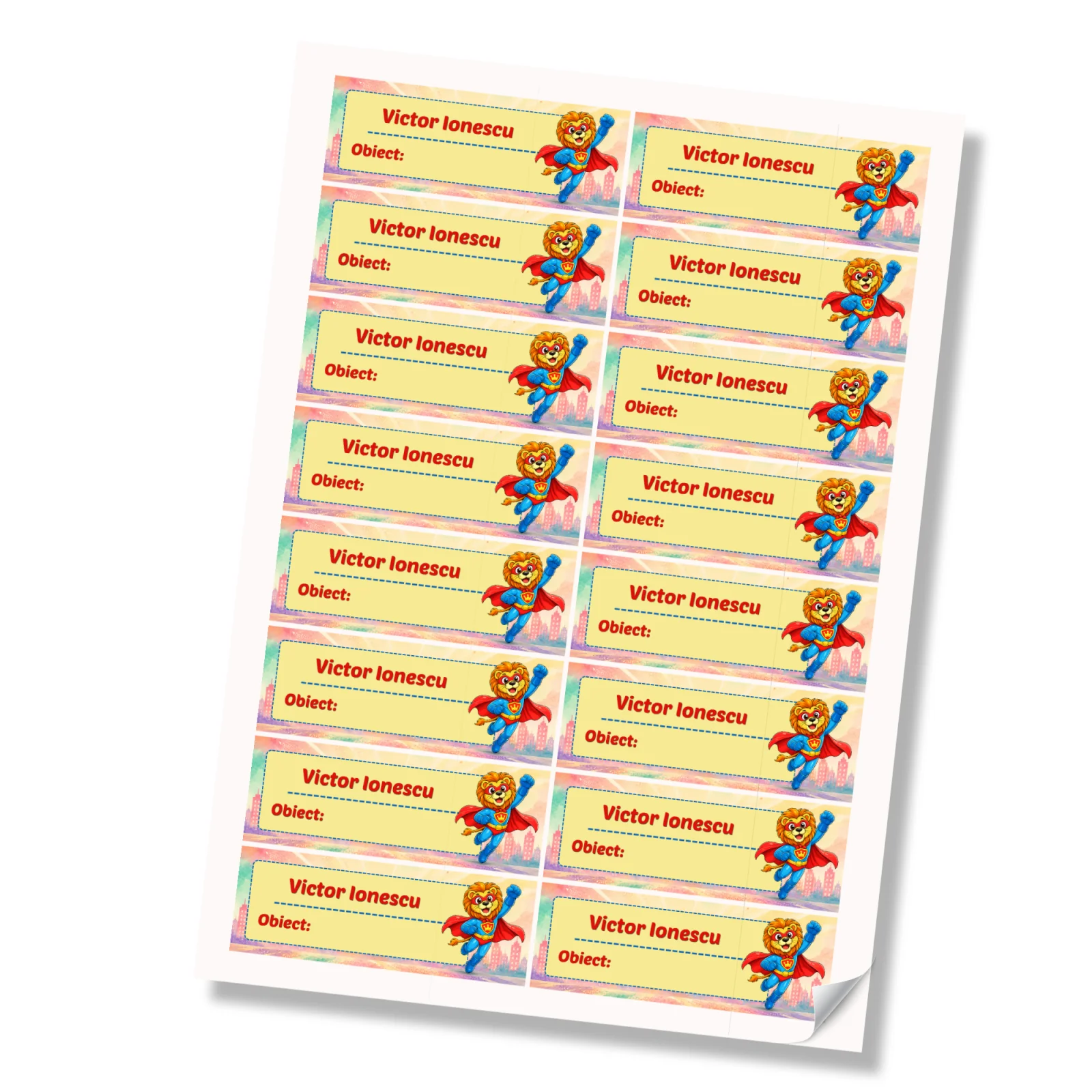 Stickere (etichete autoadezive) personalizate pentru școală – Leul Neînfricat – Super Kids