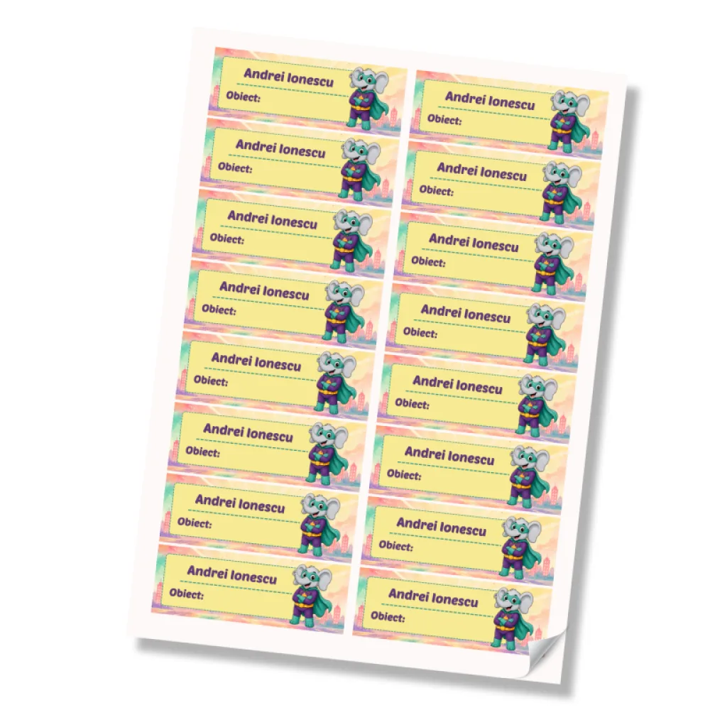 Stickere (etichete autoadezive) personalizate pentru școală – Elefănțelul cel Puternic – Super Kids