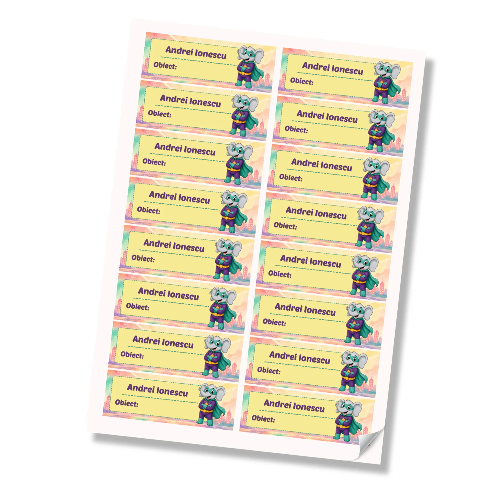 Stickere (etichete autoadezive) personalizate pentru școală – Elefănțelul cel Puternic – Super Kids