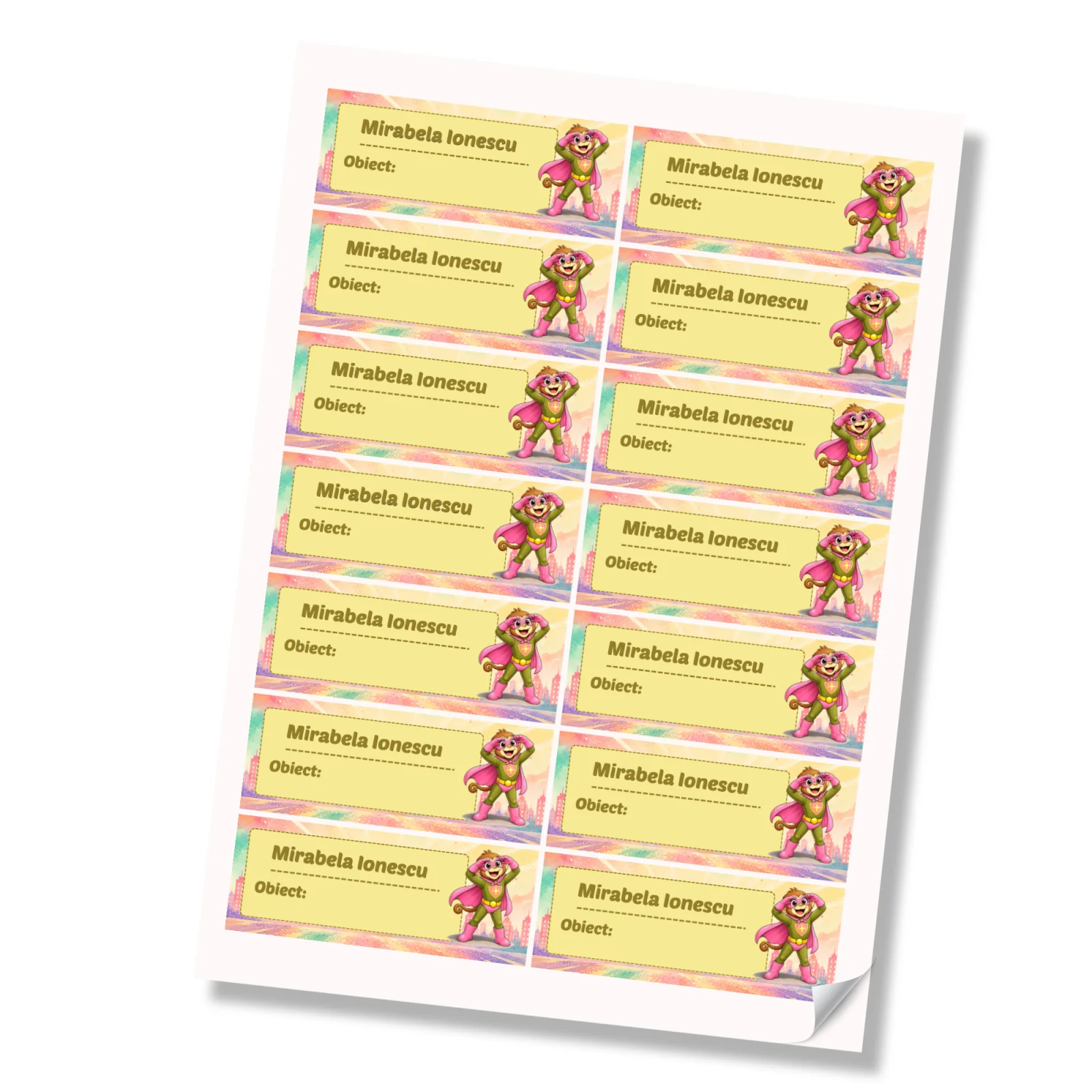 Stickere (etichete autoadezive) personalizate pentru școală – Maimuța Aventurieră – Super Kids
