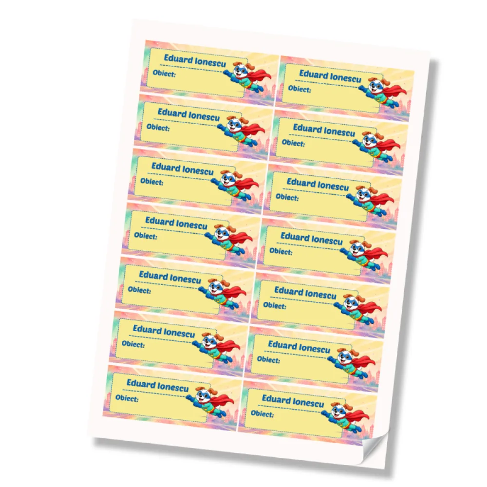 Stickere (etichete autoadezive) personalizate pentru școală – Cățelul cel Curios – Super Kids