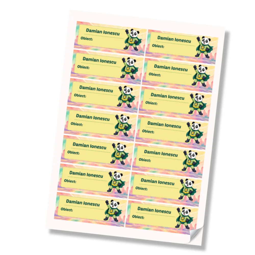 Stickere (etichete autoadezive) personalizate pentru școală – Panda cel Poznaș – Super Kids