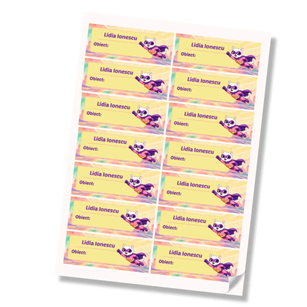 Stickere (etichete autoadezive) personalizate pentru școală – Pisicuța Inimoasă – Super Kids