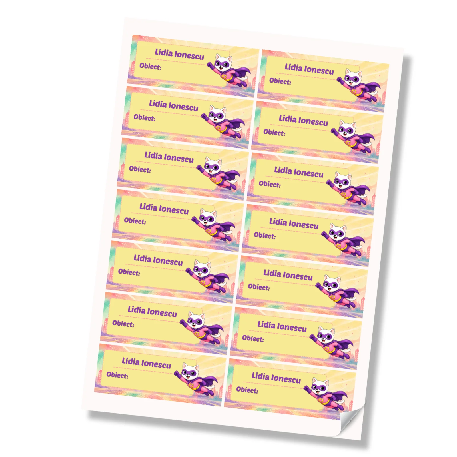 Stickere (etichete autoadezive) personalizate pentru școală – Pisicuța Inimoasă – Super Kids