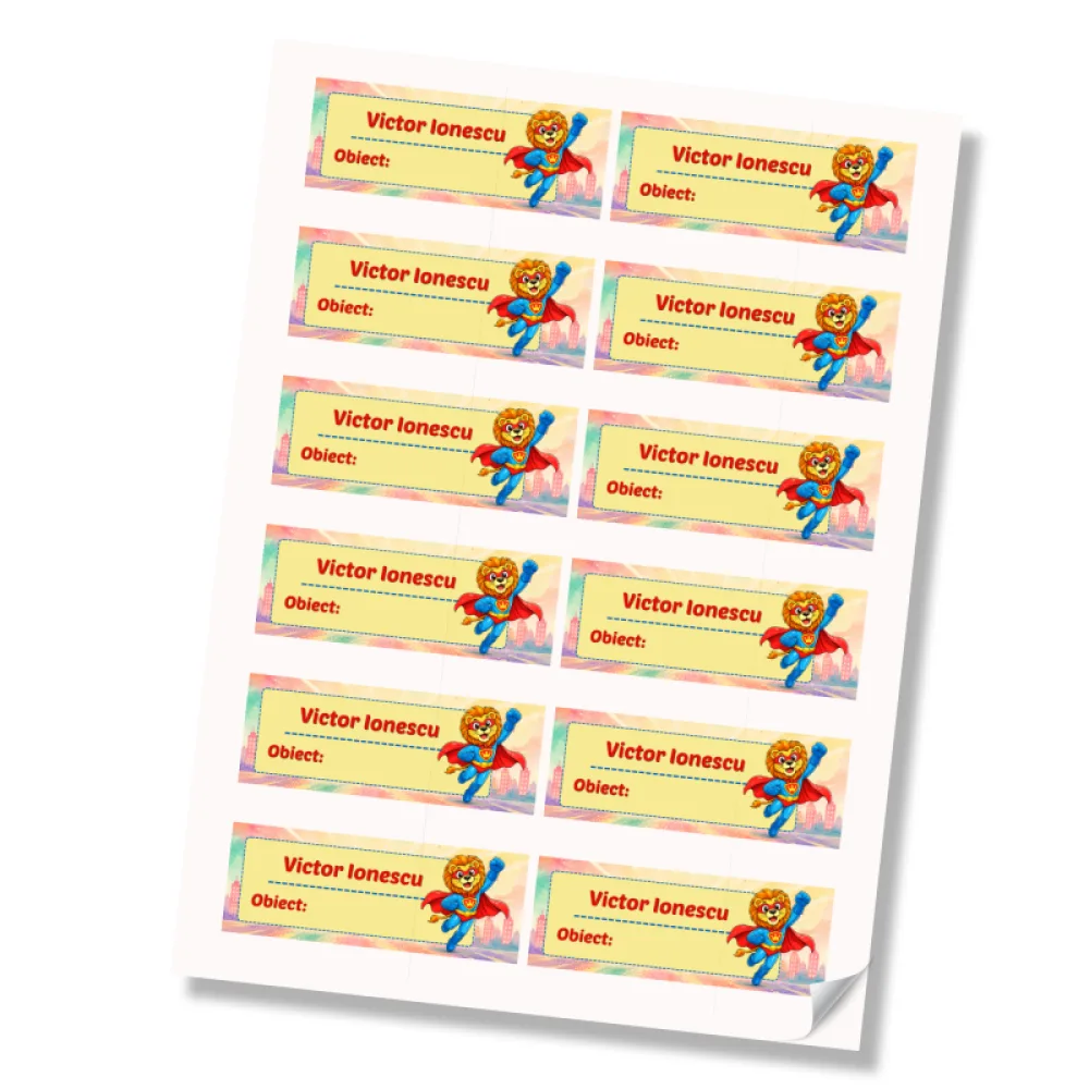 Stickere (etichete autoadezive) personalizate pentru școală – Leul Neînfricat – Super Kids