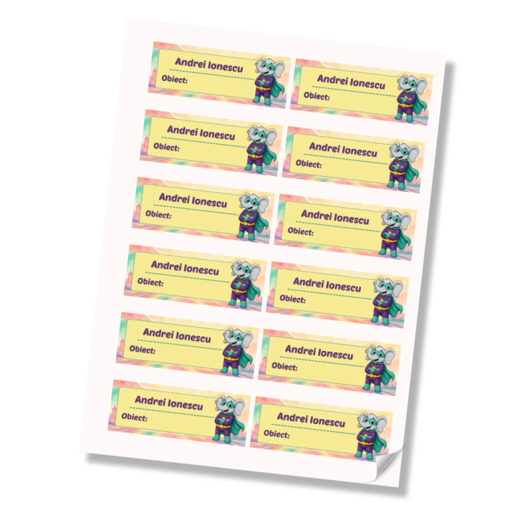 Stickere (etichete autoadezive) personalizate pentru școală – Elefănțelul cel Puternic – Super Kids