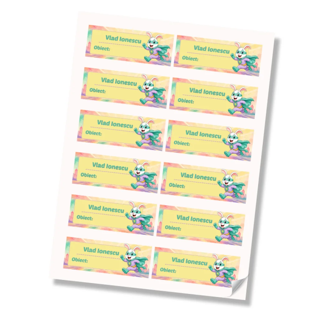 Stickere (etichete autoadezive) personalizate pentru școală – Iepurașul cel Rapid – Super Kids