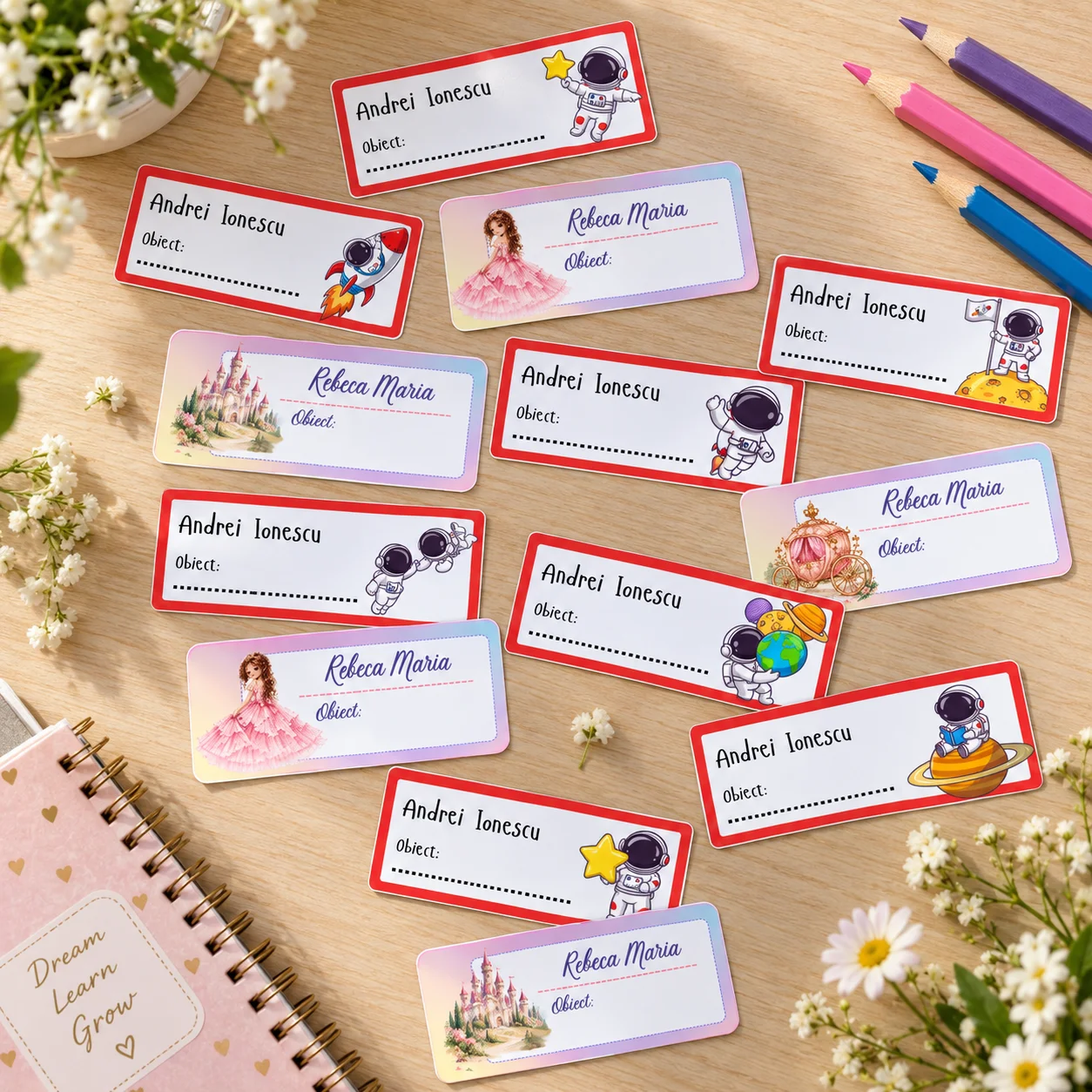 Stickere (etichete autoadezive) personalizate pentru școală – Explorator Spațial